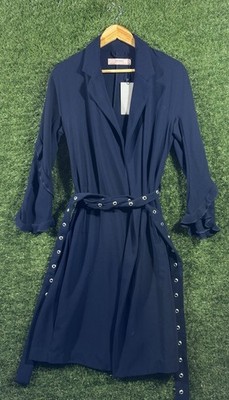 Zara Basic dunkelblaues Wickelkleid Gürtel Ösendetail Langarm Größe S