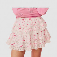 LoveShackFancy Women's White Pink High Rise Floral Ruffle Mini Skirt Size L