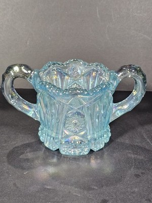 Imperial Glass Open Sugar Bowl Ice Blue Iridescent Star Fan Handles