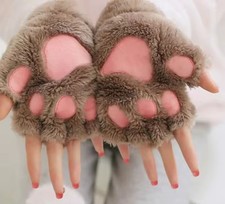Women  s Cute Cat Claw Plush Mittens   Warm, Soft, Fingerless, Cozy Gloves