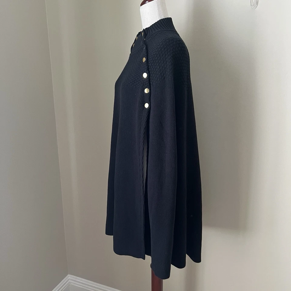 GILI Mujer Poncho Tejido Suéter Talla M/L Negro Capa Dorado Botones Cuello Simulado Elegante Foto 4 de 4