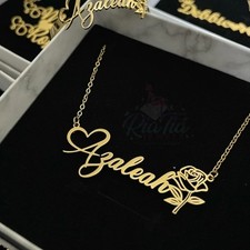 Personalized Rose Flower Heart Pendant Custom Name Necklace Gold Silver Chain