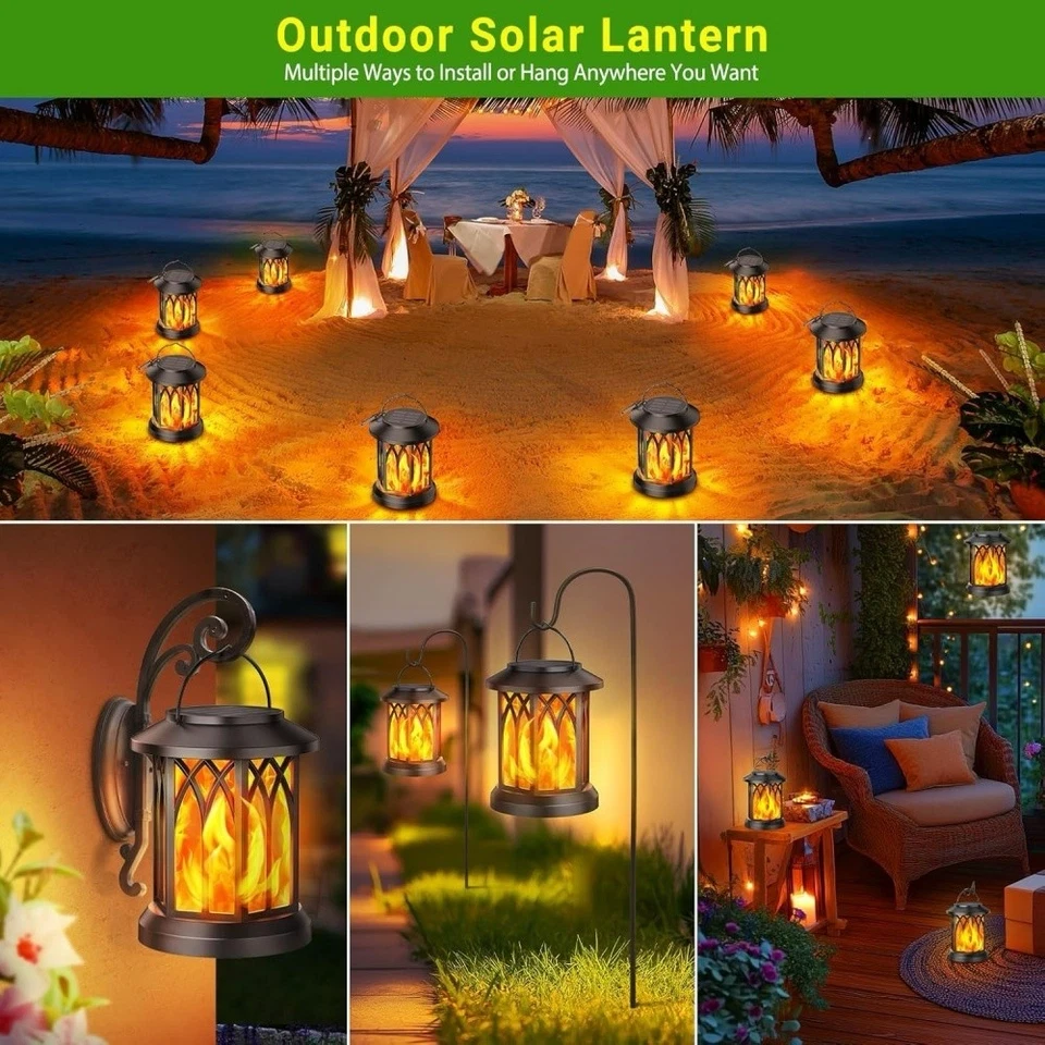 2x LED Parpadeante Llama Solar Luces Colgantes Linterna Exterior Jardín Camino Lámpara Foto 4 de 4