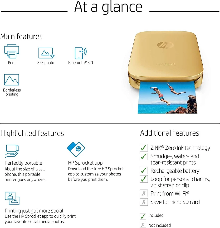 BRAND NEW! HP Sprocket Portable Photo Printer Gold (Z3Z94A) First Edition - Image 2 of 4