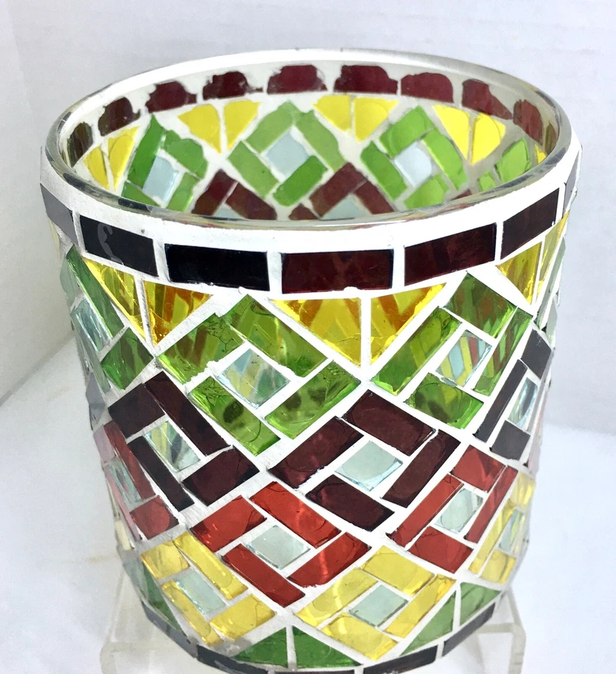 Mosaic Squares Stained Glass Red Green & Yellow Glass Vase CandleHolder - Image 2 of 4
