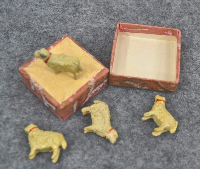 antique miniature sheep 7/8 in. 4 lot w/ tiny hand made papered box original  - Image 2 of 4