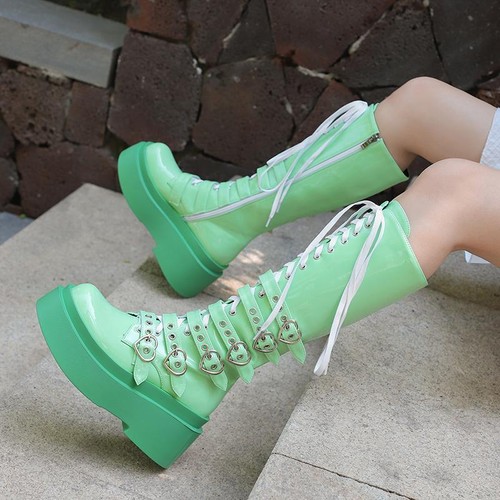 Women Punk Chunky Heel Mid Calf Boots Platform Knight Boots Goth Buckle Creepers - Bild 10 von 25