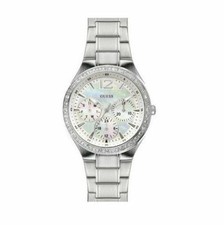 NEW GUESS SILVER,WHITE MOP MULTI FUNCTION DIAL,CRYSTALS, BRACELET WATCH U13588L1