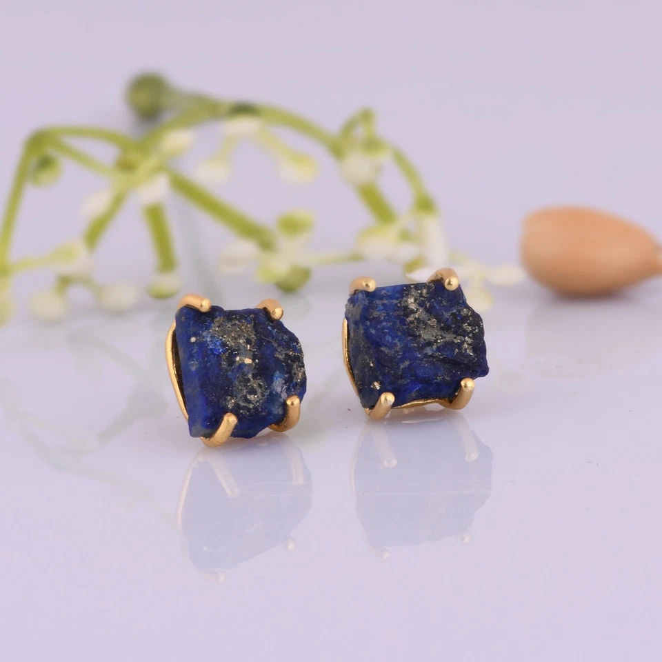 Aretes de plata 925 chapados en oro de 18k lapislázuli crudo joyería curativa Foto 2 de 4