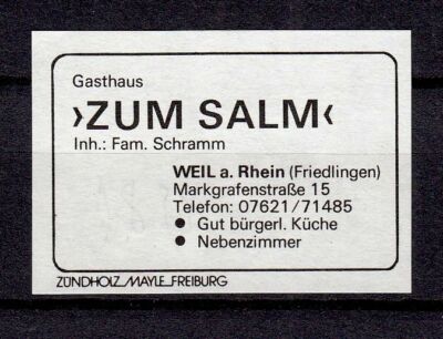 412046/ Zündholzetikett   Gasthaus Zum Salm   Weil am Rhein   Markgrafenstr. 15