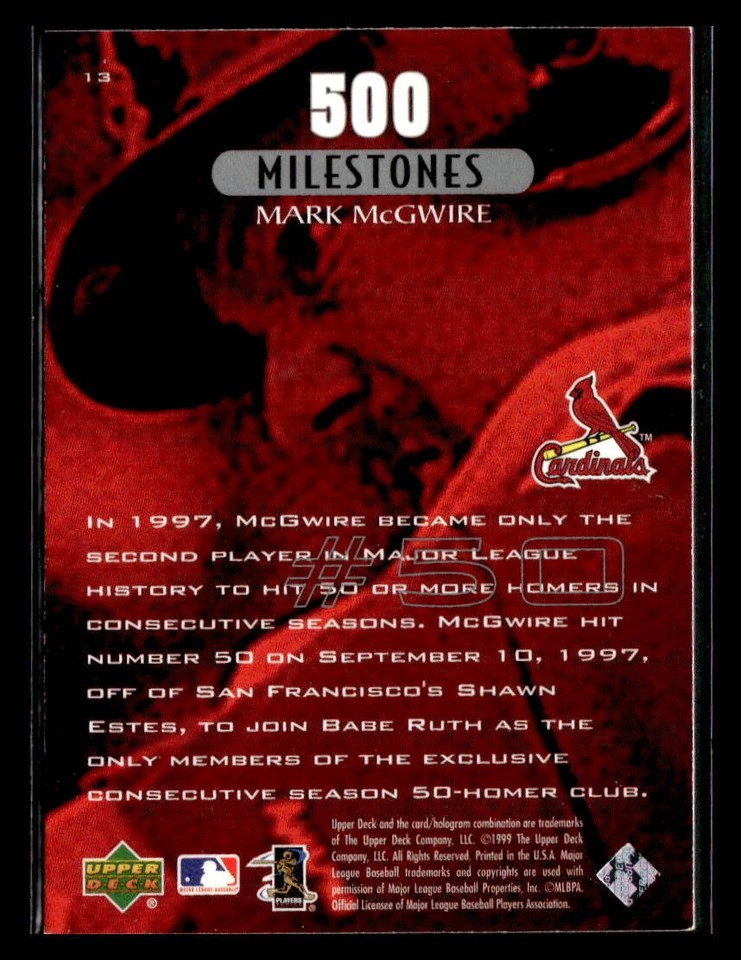 1999 Upper Deck Mark McGwire 500 HR #13 Mark McGwire NMMT+ - Image 2 of 2