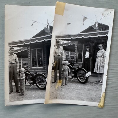 2 Vintage Photographs Family Admiring BSA Bantam Motorcycle 1948 Colorado