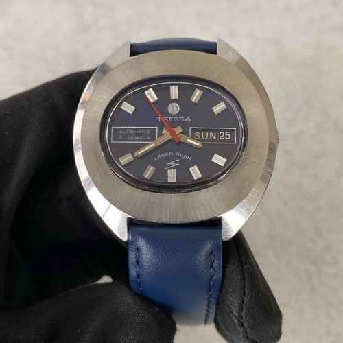 Vintage Tressa Laser Beam Blue Dial Automatic Quickset Day Date Swiss Watch - Picture 8 of 22