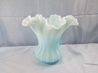 Fenton Satin Blue Opalescent Glass Rib Optic Ruffled Vase 6 1/8" Tall