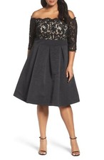ELIZA J Black Nude Lace Off Shoulder Pleated Flare Skirt Cocktail Dress 24W = 3X