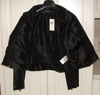 NWT Lauren Ralph Lauren sz 12 Petite black lamb leather moto-style