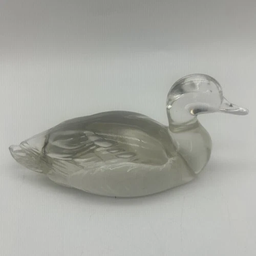 Vintage 1980's Fenton Clear  Glass Mallard Duck Paperweight Figurine 5" Sticker