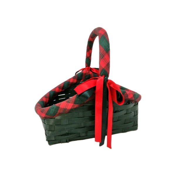 Cesta de Navidad de colección de mimbre verde nueva con etiquetas con escoceses de tartán rojo y lazos dobles de satén