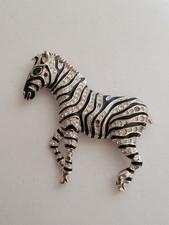 Vintage Cabochon Black Enamel And Clear Diamond Styled Gems 1980s Zebra Brooch