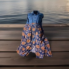 Dress Cottage Core Sleeveless Denim  Floral 22W Lead Cowgirl Boho Denim Tie Y2K