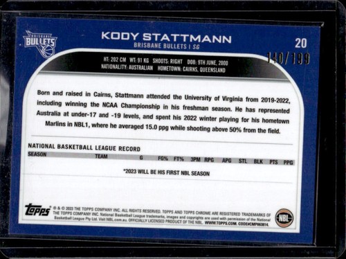 2022-23 Topps Chrome NBL Kody Stattmann RC Aqua Wave Refractor Rookie #/199 - Picture 2 of 2