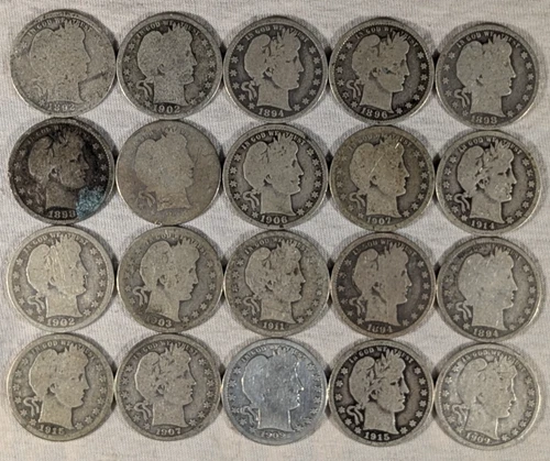 LOT OF 20 BARBER QUARTERS 90% SILVER COINS $5 FACE VALUE #61