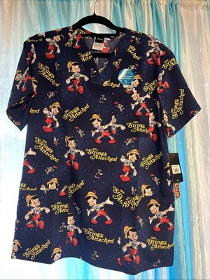 Pinocchio Navy Scrubs Disney Tooniforms Mens V Neck Top Sz Small NWT