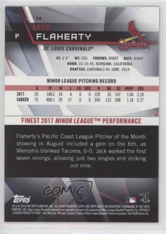 2018 Topps Finest Green Refractor /99 Jack Flaherty #14 Rookie RC - Image 2 of 2