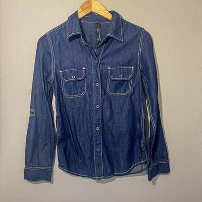 Seven7 Denim Western Button Down Shirt Small Blue Jean Blouse Roll Tab Sleeve