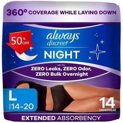 Always Discreet Night Black Women's Incontinence Underwear - Maximum - L - 14ct