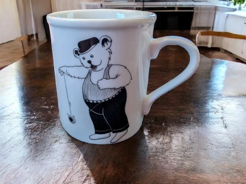 Vintage Restaurant Ware Diner Coffee Mug Bear With Yo-Yo Black & White Chunky