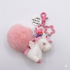 Cute Unicorn Keychain w/ Pink Pom Pom Charms Beads, Star Clip, Quote Tag