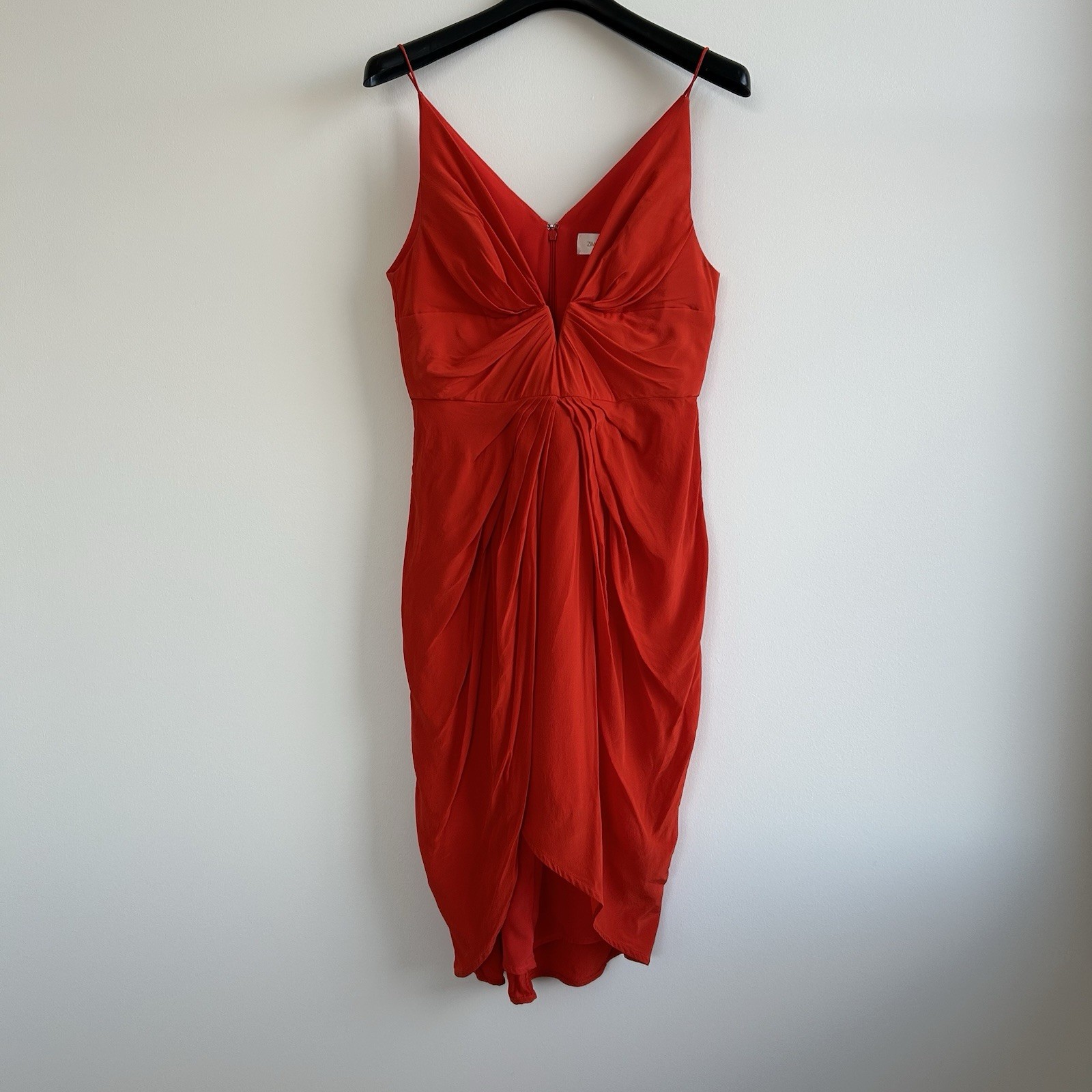 Zimmermann V Tuck Midi Dress Size 2 AU 12/US 8 Silk Red Orange Plunge Sleeveless