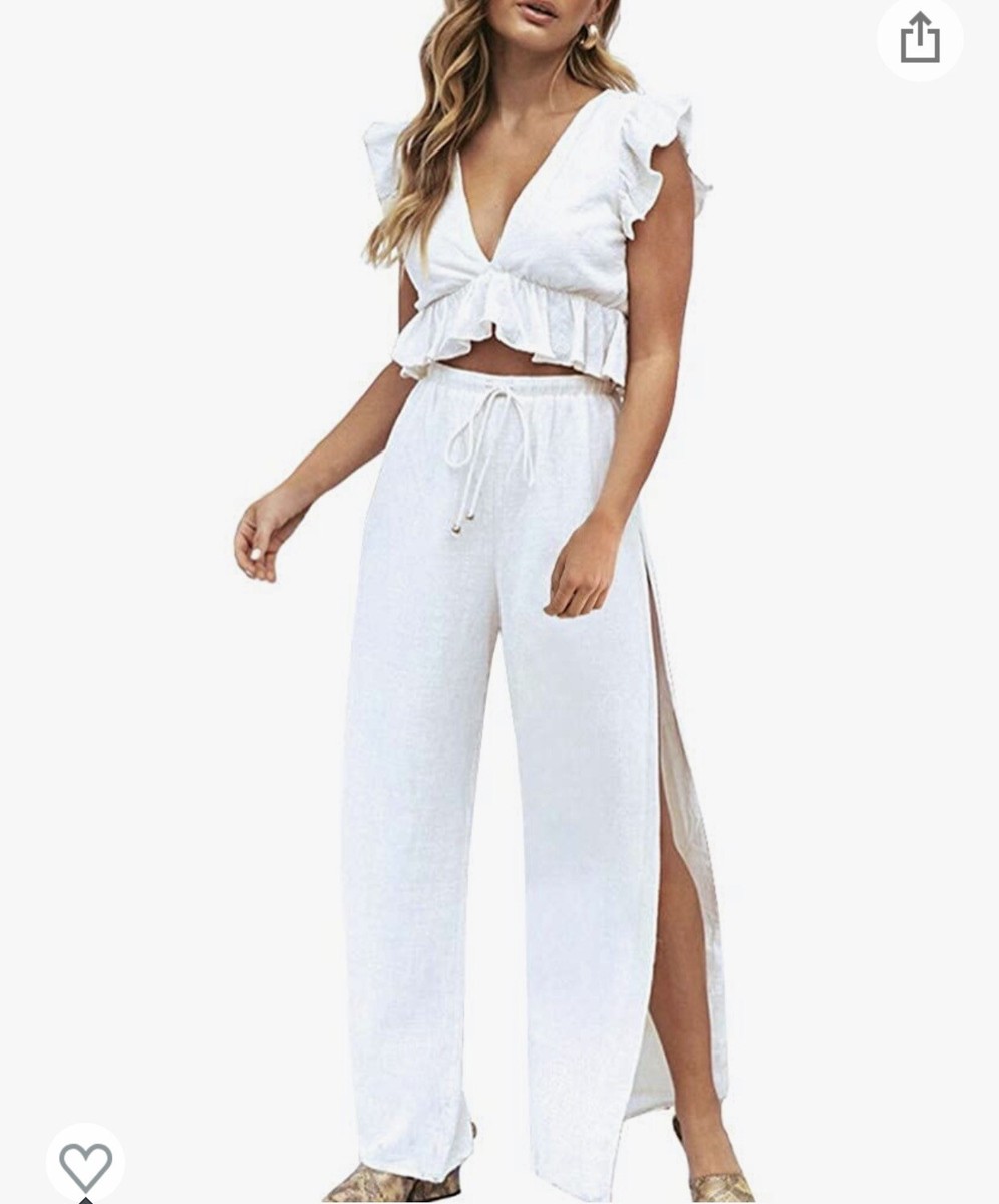 Women Piece White Crop Top Wide Leg Pants Set Resort Beach