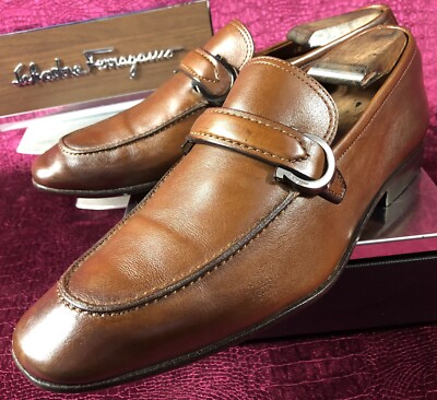 $820 Mens Brown Ferragamo Gancini Bit Leather Loafers Sz 8  display picture 1