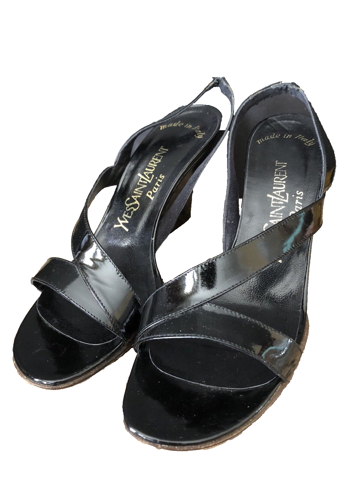 SANDALI A ZEPPA YVES SAINT LAURENT PARIS VINTAGE NERI VERNICIATI 7 N CON SCATOLA