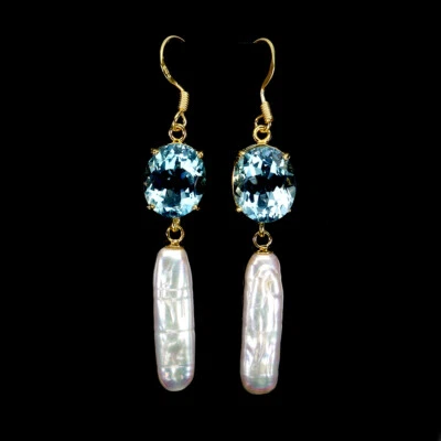 Sommer 925 Silber Ohrringe Oval Blauer Topas Perle Edelstein Schmuck - Bild 1 von 4
