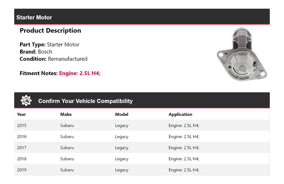 Стартер (восстановленный) для Subaru Legacy 2,5 л H4 Bosch 2015-2019 годов выпуска 2016 2017 годов выпуска - Изображение 2 из 4