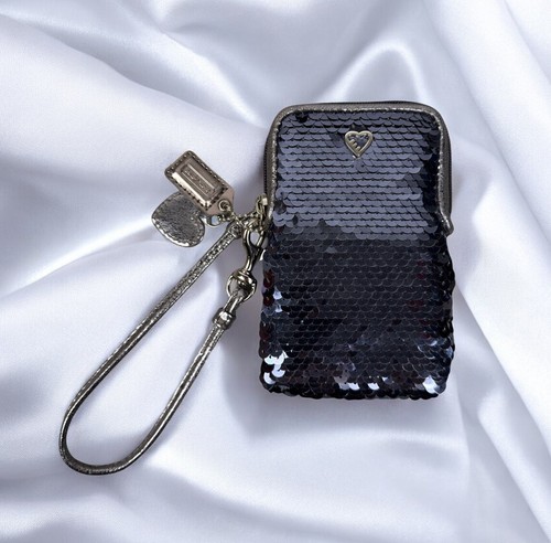 COACH Poppy Sequin Wristlet Case Blue Chambray Sparkly Card Holder Wallet Y2K