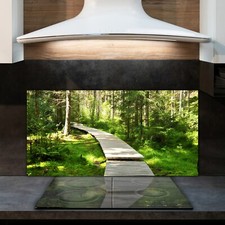 Glass Kitchen Splashback Tile Cooker Panel Wooden Pathway in Forest 120x60