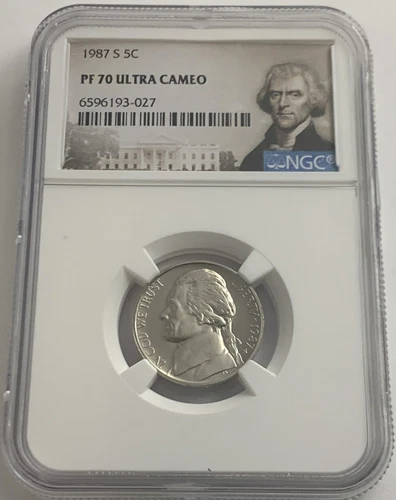 1987 S NGC PF70 ULTRA CAMEO CLAD PROOF JEFFERSON NICKEL 5C PORTRAIT LABEL