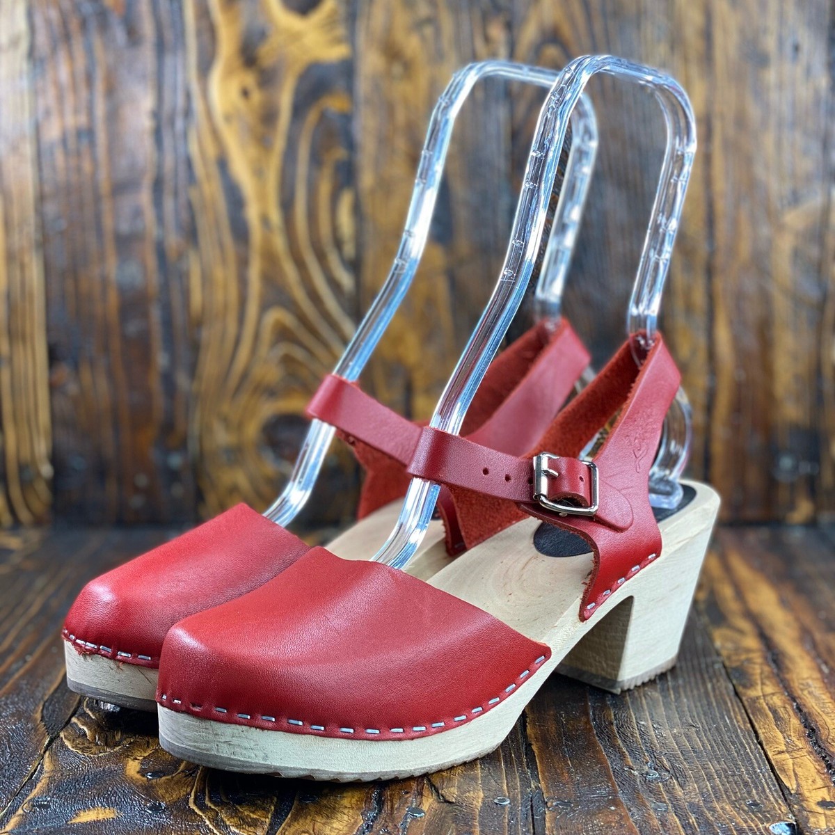 Lotta from Stockholm Highwood Cherry Red Women Leather Clogs Size