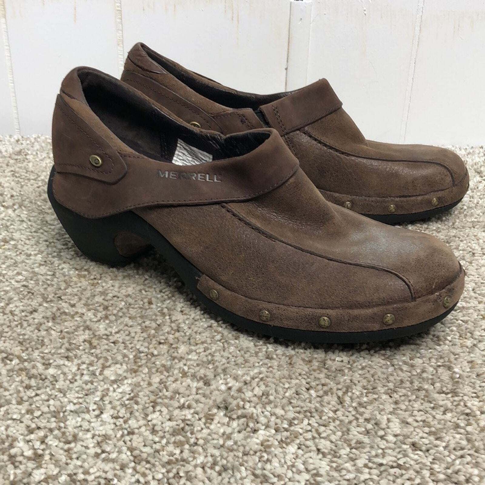 Merrell Espresso Bolted Detail Low Block Heel Clogs Women's Size 7-image