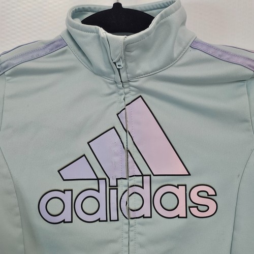 Adidas Track Jacket Full Zip Girls Size 7 Mint Green Pastel Front Logo Pockets - Picture 2 of 13