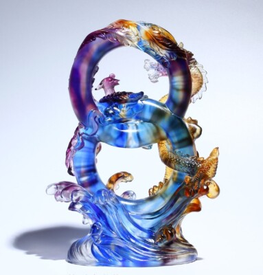 Chinese Liu Li Crystal Glass Dragon Phoenix Statue Feng Shui Ornament New