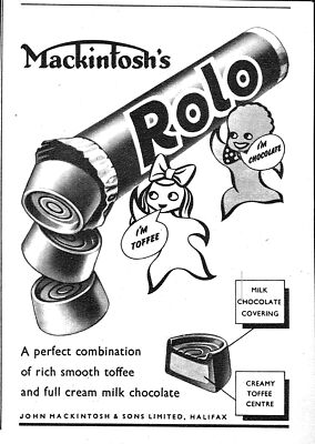 1952 Werbung für Mackintosh's ROLO Chocolate Toffee Sweets Small Vintage Print Ad
