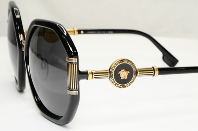 Versace Sunglasses Black Gold Medusa Grey Hexagon Oversized MOD