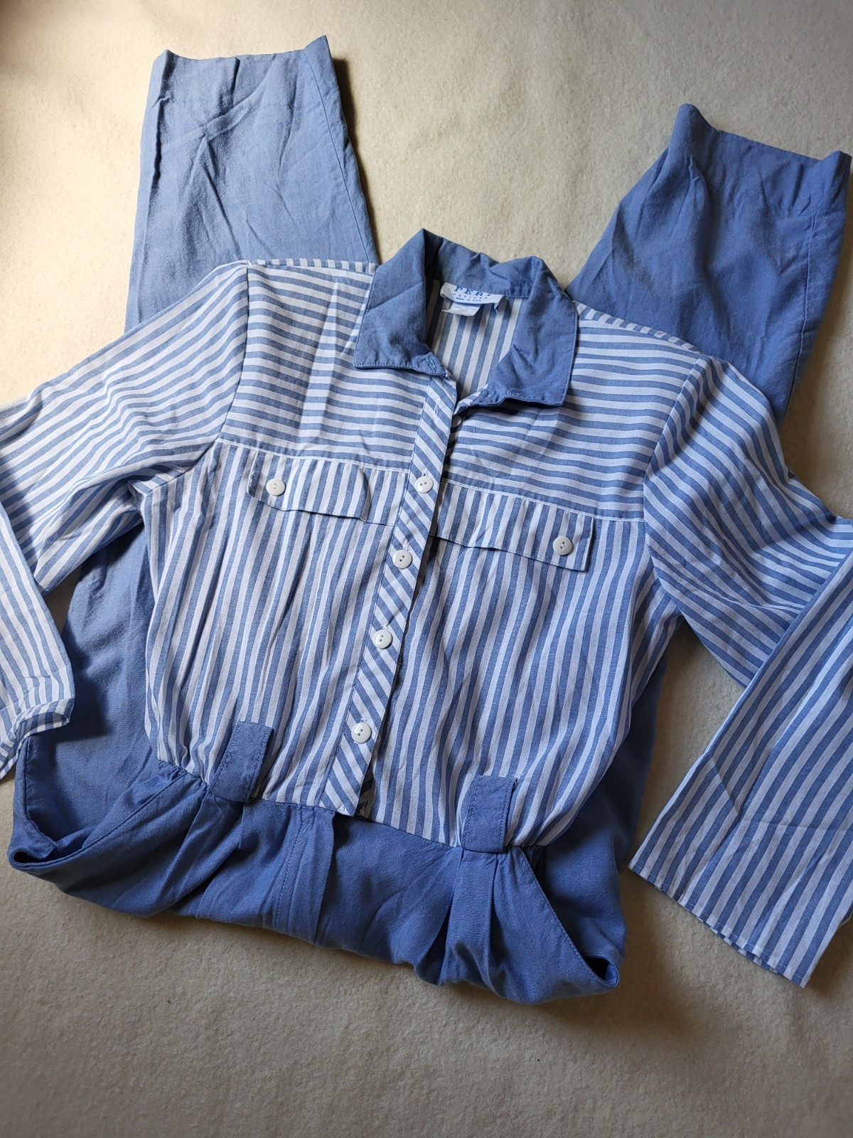 Vintage 80's Pants Romper Blue & White Cotton Blend Women's Size 10 USA