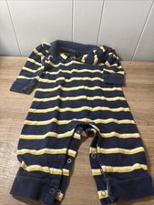 Vntg Ralph Lauren 12M Long Sleeve Collared One Piece Blue Yellow Stripe Logo GG