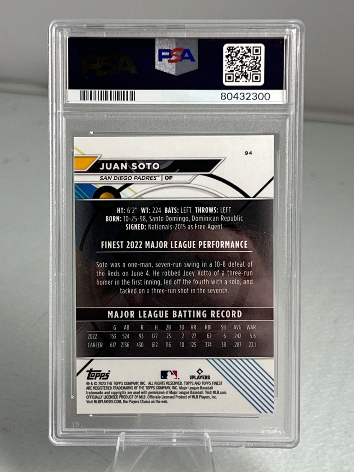 2023 finest juan soto orange /25 psa 10 pop 2 super sharp view 2